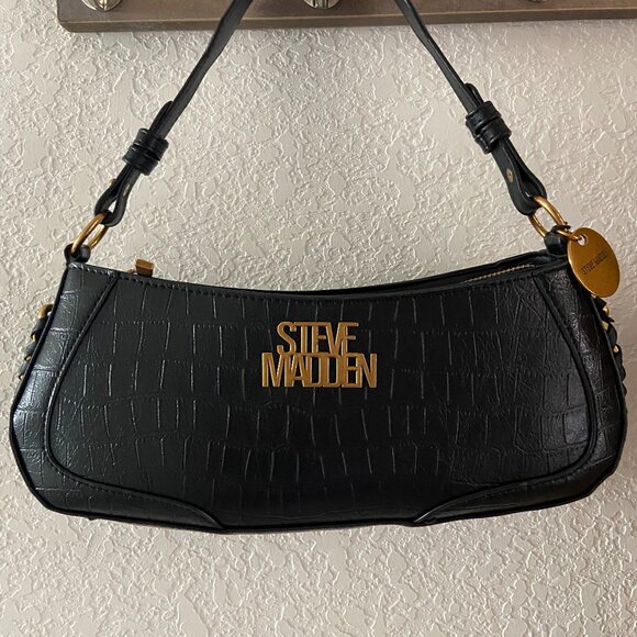 Steve Madden Crocodile Embossed Leather Handbag|Black Croc Baguette Shoulder Bag - Picture 4 of 11